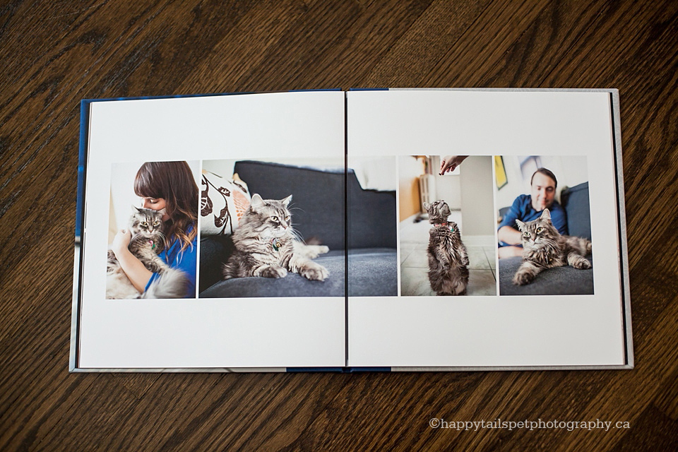 Open photo album with full spread Ontario pet photography images of woman and cat.