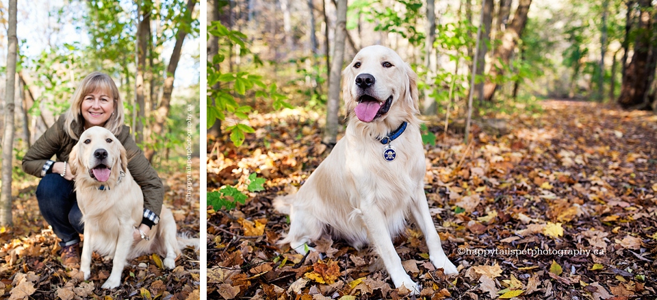 Dog and woman on an Ontario trail with fall colours.