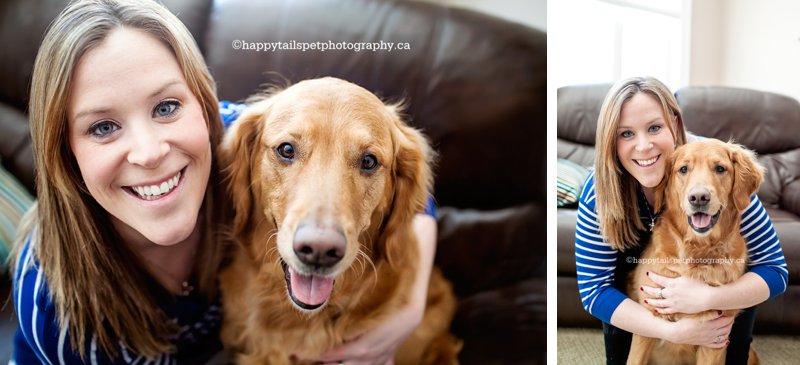 Woman and golden retriever, family and dog portrait in home with natural light.