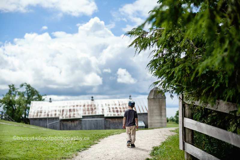 Boy walking on path at Guelph farm and animal sanctuary, photo.