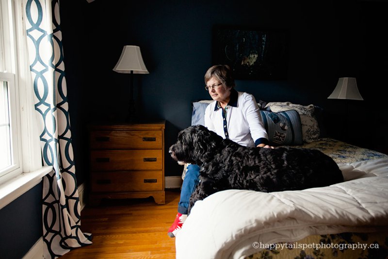 Portuguese water dog and owner, emotional and powerful portrait in Kitchener home.
