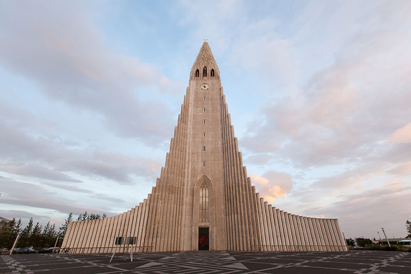 Hallgrímskirkja church at sunset in Reykjavík, Iceland.