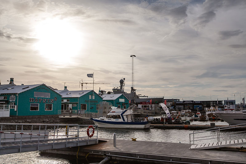 Sunset over the habour and waterfront in Reykjavík, Iceland.