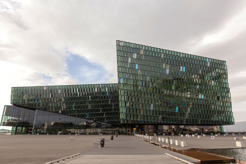 The exterior of the Harpa concert hall in Reykjavík, Iceland.