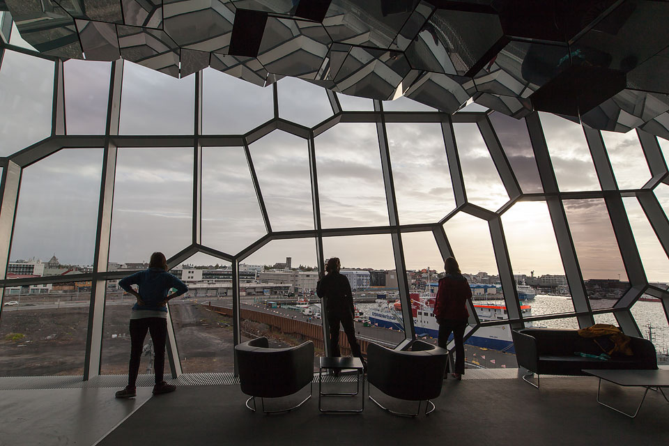 Looking at the harbour from the inside of Harpa concert hall in Reykjavík.