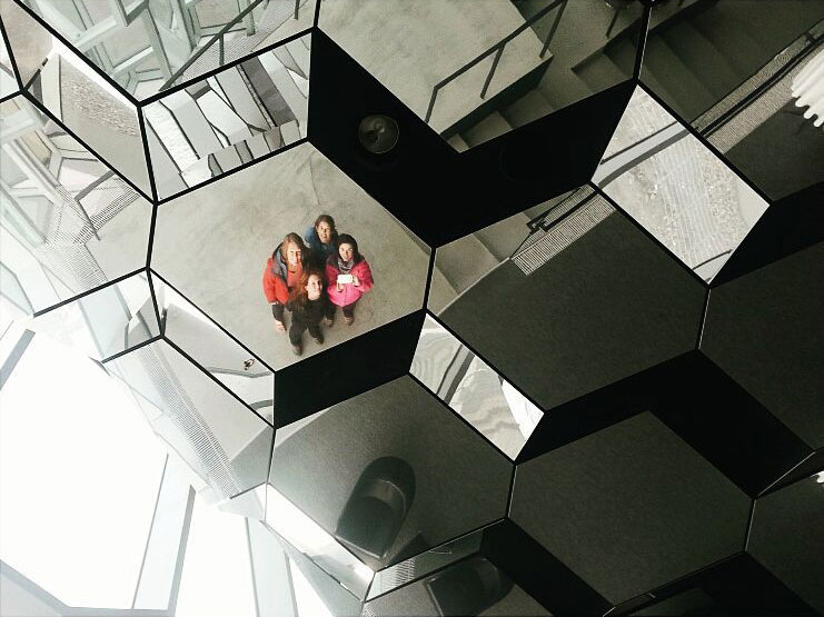 Reflection in the glass ceiling tiles of the Harpa concert hall in Reykjavík, Iceland.