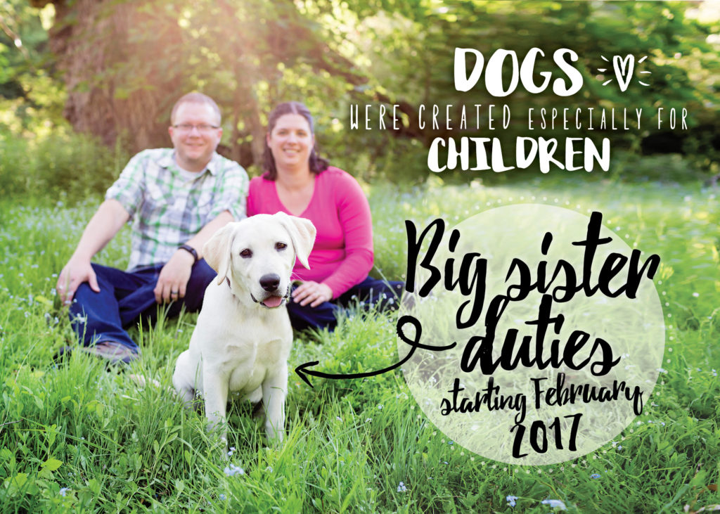 Custom maternity annoucement card with family pet.