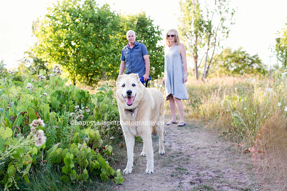 A happy dog and his people in beautiful natural setting at Bronte Creek Provincial Park.