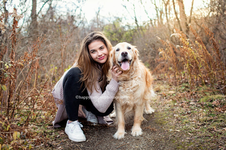 Senior golden retriever dog with teenage girl in Burlington, Ontario.